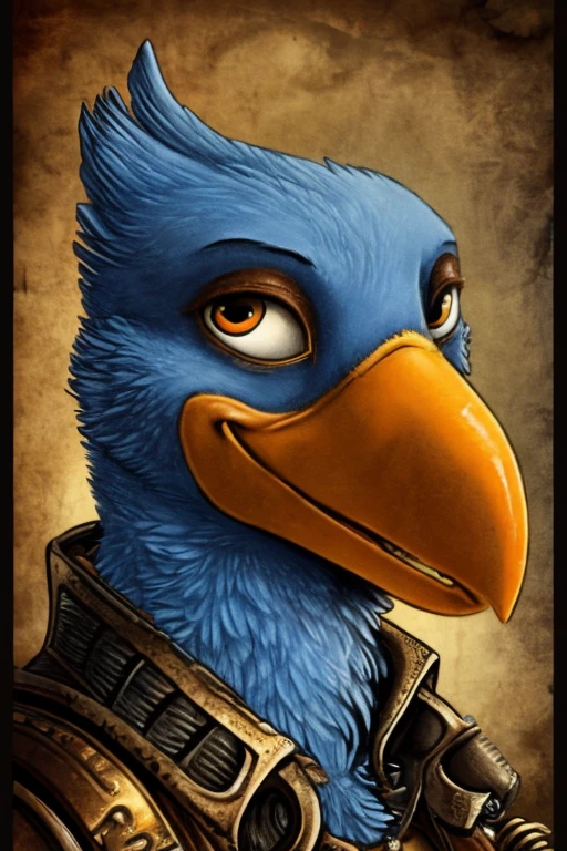 Anthropomorphic blue bird, large yellow and orange beak, zoom in on face, Grinning, gazing at viewer, olhando de lado, background red, steampunk style image borders.