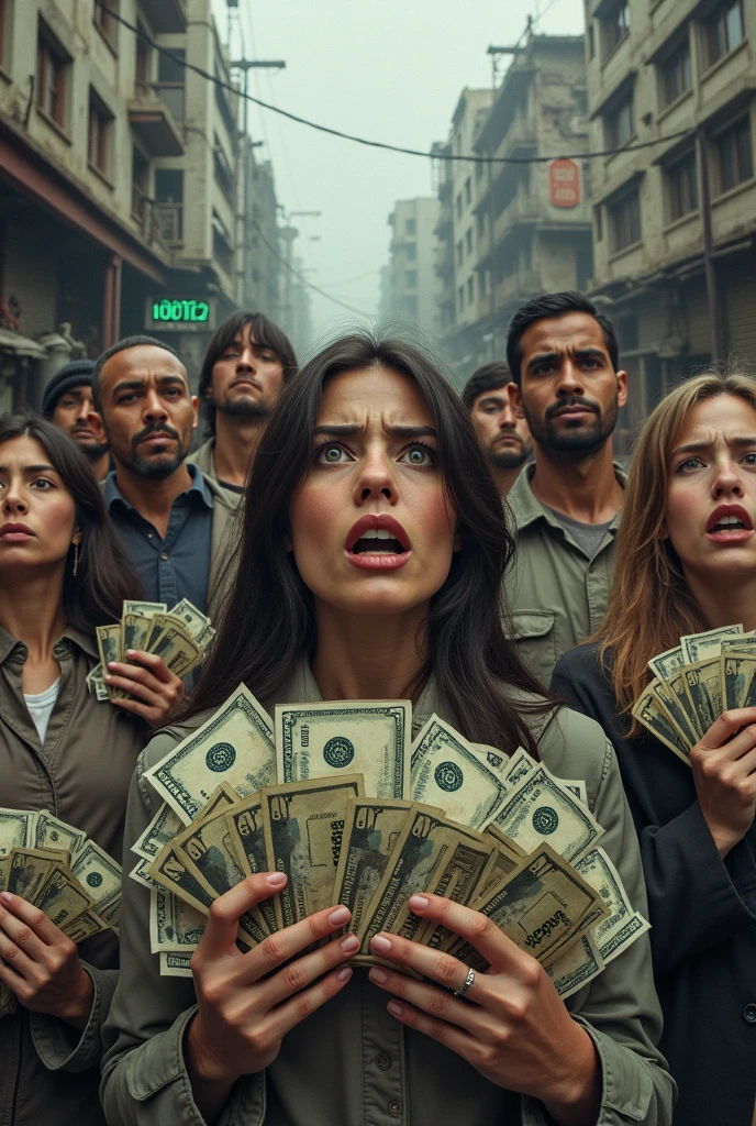 The image presents a close-up of a group of people of different ages and origins, all of them holding large amounts of bills that appear to be from a traditional fiat currency.
The faces of the individuals reflect a mix of anguish, despair and confusion. Some try to exchange or buy goods with their piles of bills, but their facial expressions indicate that these do not have the expected value.
In the background, a ruined urban environment is glimpsed. Deteriorated buildings, Abandoned vehicles and debris dominate the landscape, suggesting a post-apocalyptic scenario. The sky is covered by thick clouds of smoke, giving a feeling of oppression and imminent catastrophe.
The details of the bills show that they are severely worn, Stained and deteriorated. Some people are trying to crush or break them, as if they realize they have lost almost all their purchasing power.
The predominant colors are muted and somber, with shades of gray, brown and black that convey an atmosphere of desolation and decline. small details, such as digital clocks with erratic hours or graphs representing the decline in the purchasing power of the currency, may be present in the image.