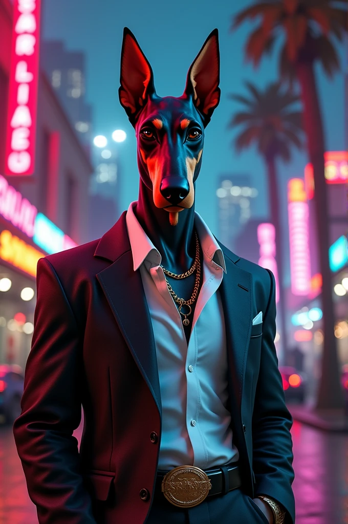 Um doberman furry com roupas gangster dos anos 90 em loa Angeles