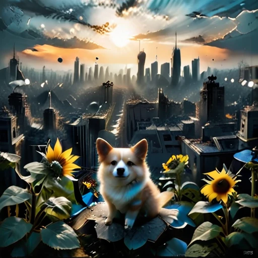 (masterpiece:1.4), (best quality:1.4), (high resolution:1.4), (masterpiece, best quality, high resolution:1.4), dark fantasy, Science fiction, Frank Miller comic style, After the end of the world，A destroyed city without humans,top view，1 sunflower  cute corgidog