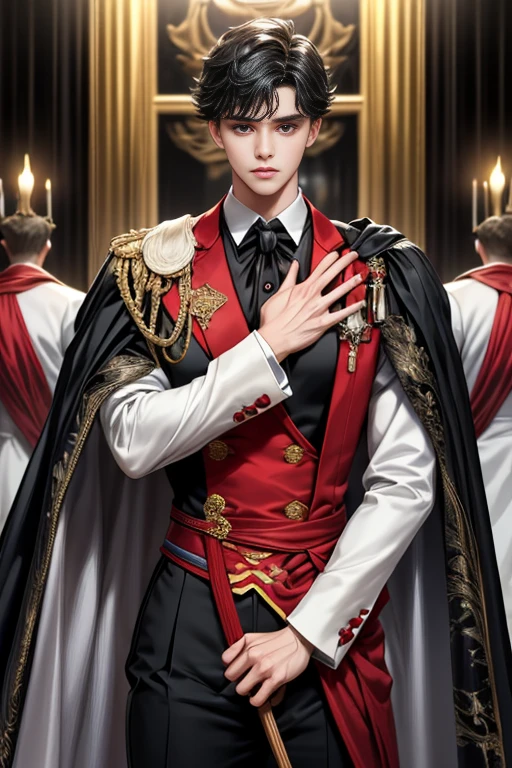 masterpiece, 最high quality, high quality, 1 boy, alone, Male focus, Watching the audience, Messy black hair, Adorable big blue eyes, White, Noble, Noble,A black and red cape that is bursting with sexy volume、Tuxedo、A very voluminous, large, very large, very large, long, long red and black cape with a high stand-up collar, made of a lot of fabric that reaches down to the floor., ,Cute beautiful boys,Cute, cute, kind, handsome guy