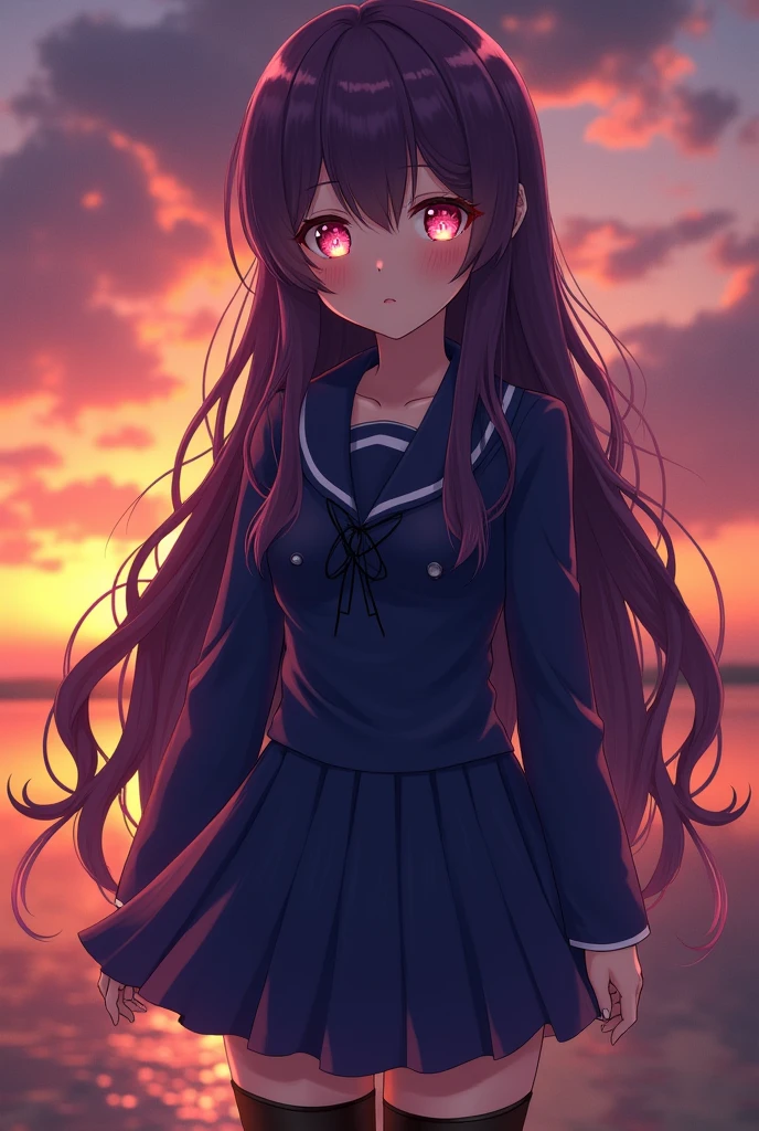 Create an Oshi no Ko character , with dark purple hair, long wavy waist length, ojos de color atardecer atardecer una combinación haci🌆🌇Los ojos de  tienen un tono rosado vibrante, with a golden hue in the center that blends elegantly with the rest of the iris. The pupils appear slightly elongated., which gives it a more exotic and unique look. besides, The eyes are framed by long, delicate eyelashes., that accentuate the seductive and mysterious expression of the character. The combination of these elements makes your look deeply expressive and striking.. , wearing a blue uniform , medium breasts, She is wearing long black stockings and has a sunset in the background. 
,in the style of the Oshi no Ko anime