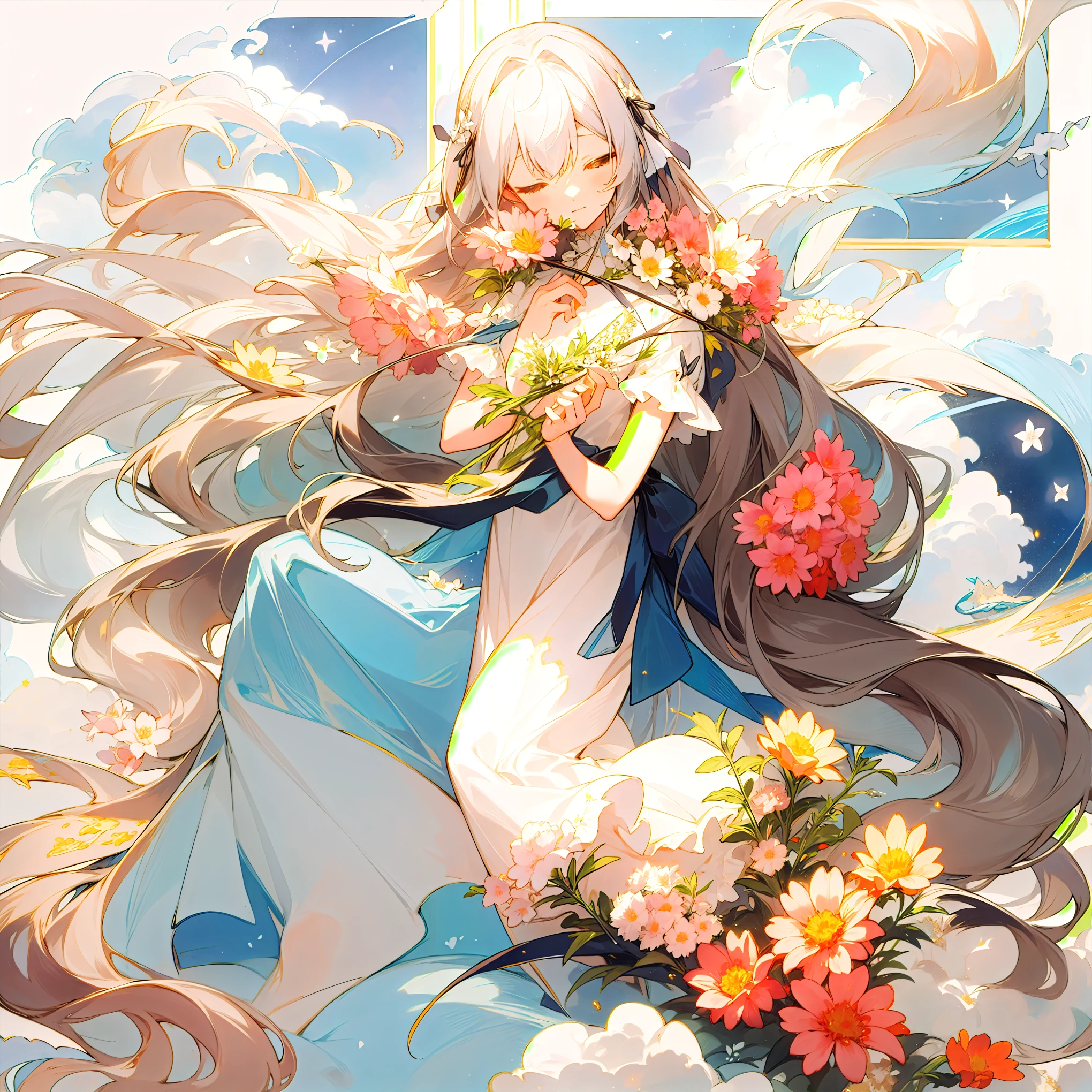 Very long hair, flower束、flower、dress、luxury、race、Frills、ribbon、Starry Sky、flower畑、Night Sky、moon、Ocean