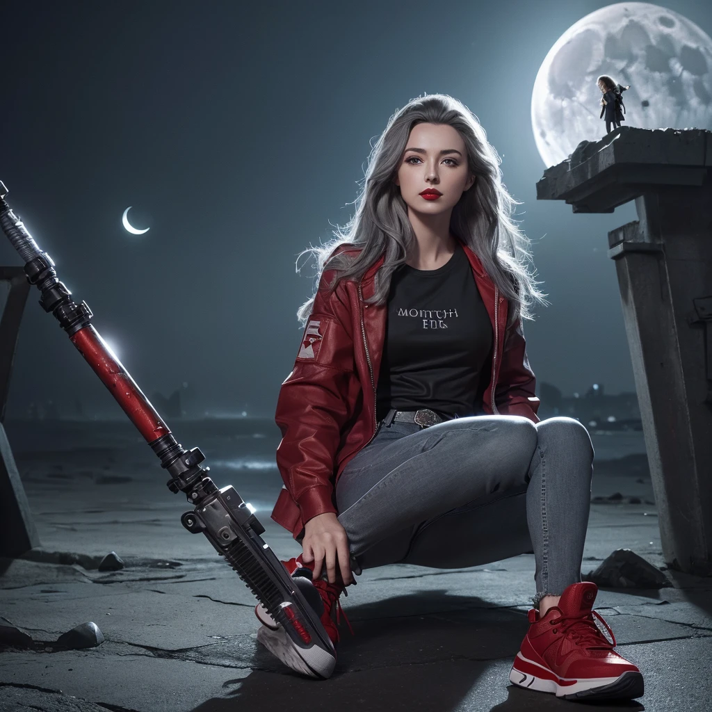 (Sci-Fi Fantasy), (masterpiece), (Professional Oil Painting) (Highest quality), (8k resolution), (1 beautiful girl), ((Pale grey skin)), (Iron grey skin), ((Jeans Clothes)),(Red jacket)), ((Black t-shirt underneath), ((Red lipstick)), ((Black sneakers)), (Concept Art), Small box, (Long Hair), (Messy Hair), (Gray Hair), (Iron-gray hair), ((With futuristic weapons)), (ammunition), ((Moonlight at night)), (Sit down and think))