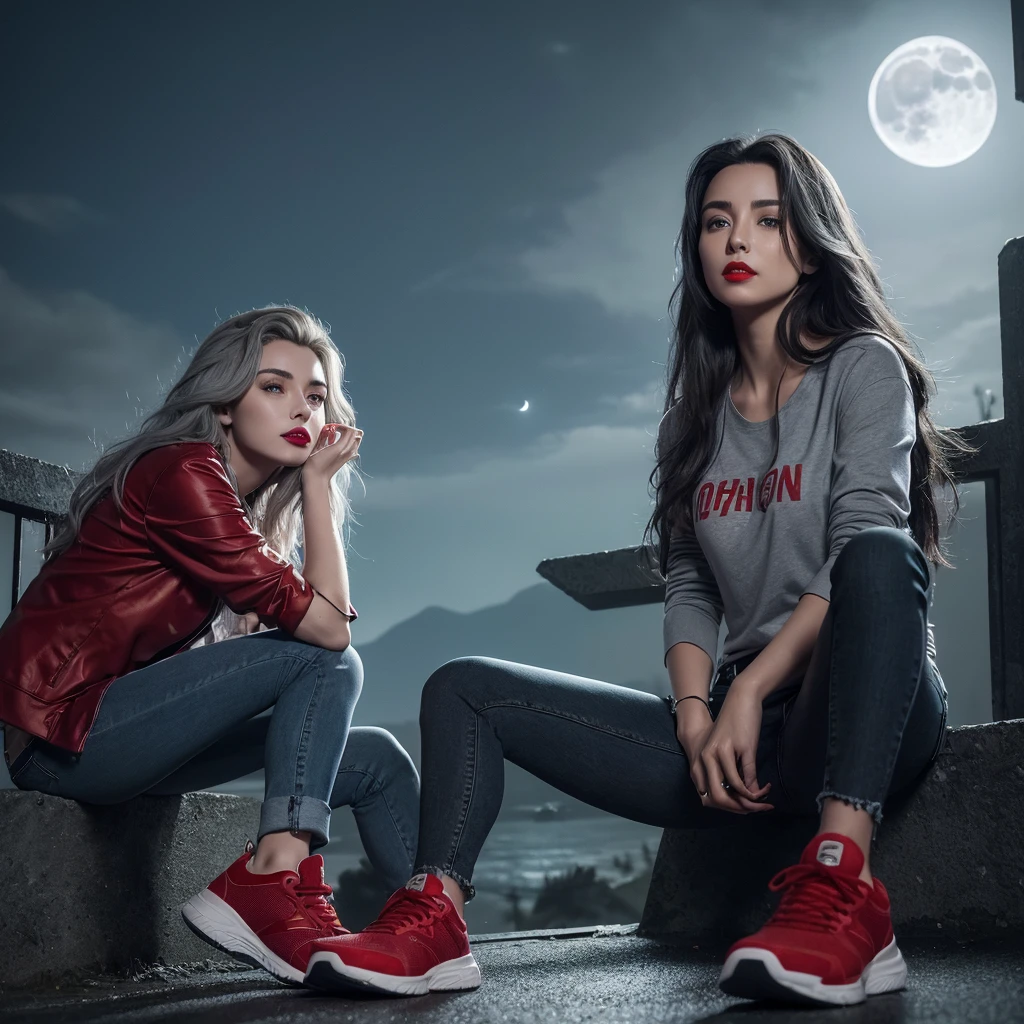(Sci-Fi Fantasy), (masterpiece), (Professional Oil Painting) (Highest quality), (8k resolution), (1 beautiful girl), ((Pale grey skin)), (Iron grey skin), ((Jeans Clothes)),(Red jacket)), ((Black t-shirt underneath), ((Red lipstick)), ((Black sneakers)), (Concept Art), Small box, (Long Hair), (Messy Hair), (Gray Hair), (Iron-gray hair), ((With futuristic weapons)), (ammunition), ((Moonlight at night)), (Sit down and think))