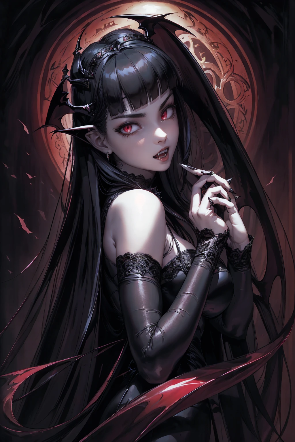 absurdres, ((stunning female Vampire))), goth Renaissance, (long black hair:1.erfect and detailed angular sharp oval shaped face, ((redeyes)), jewelry, red and black tetradic colors, (bangs), full lips, gothic castle background, (solo), perfect anatomy, approaching perfection, ethereal, intricate details, ultra-high definition, 12k resolution, goth aesthetic, smooth, sharp focus, dreamy, glowing, backlit, glamour, glimmer, fantastical, shadows, smooth, Gothic crown, illustration, backwards, looking back