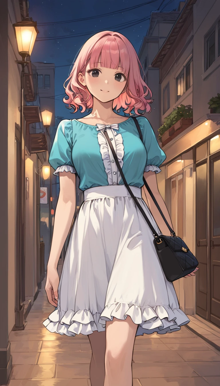 (score_8, score_8_up,masterpiece,highest quality,Perfect Anatomy,Exquisite detailed)(realistic:1.2)1 girl,cute face,curvy,busty(sagging breasts:0.5)pink hair,medium hair,wavy hair,blunt cut,black eyes,aqua blouse,white frilled skirt BREAK black handbag,walking,city,night