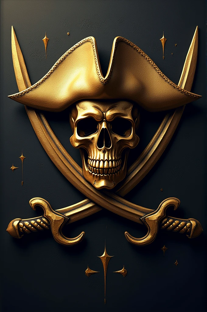 Pirate flag with a golden skull wearing a hat with two pirate sabers