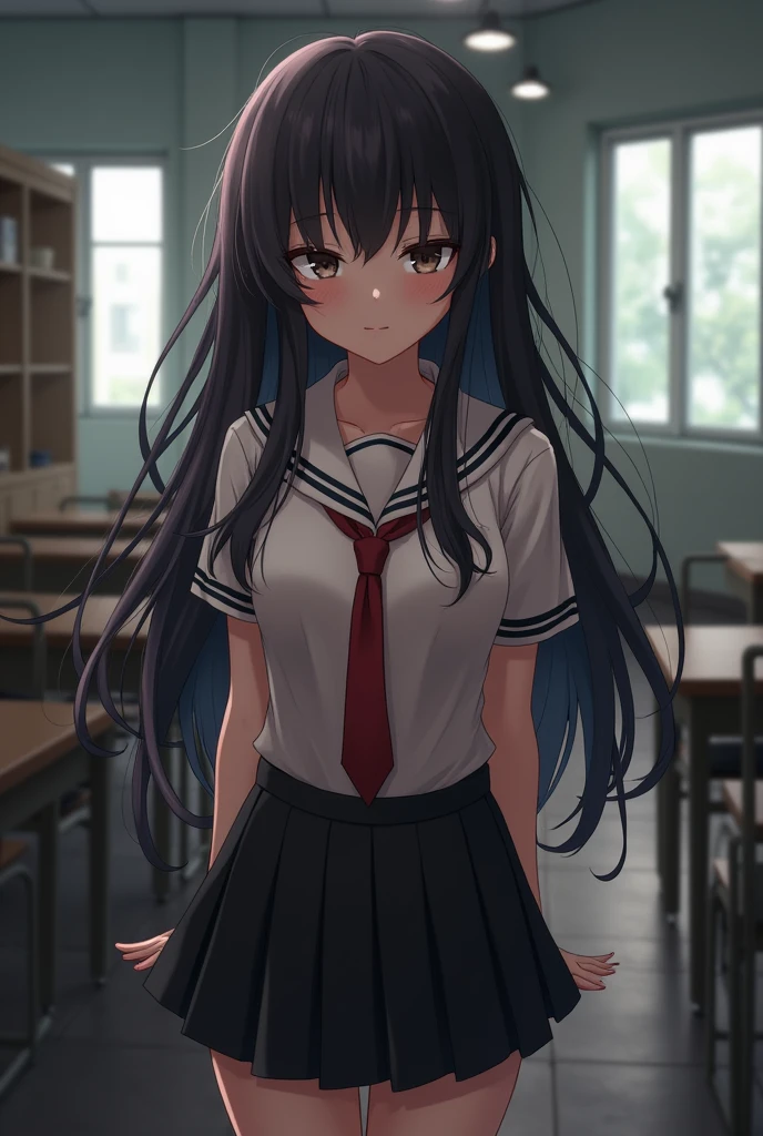 At school, a girl, frontal, long black hair, black short skirt,ride dick, super detailed, 4k