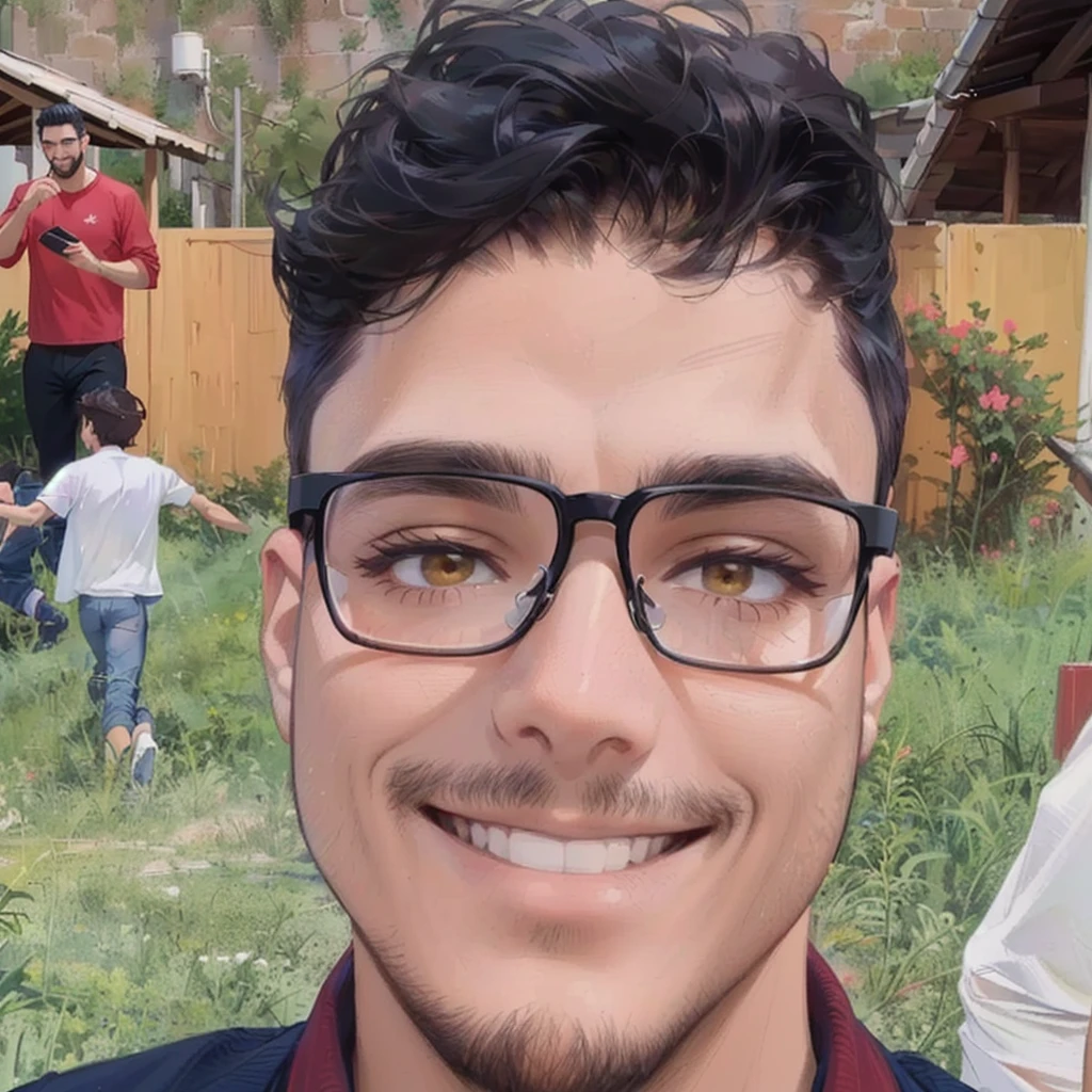 smiling man with glasses and red shirt in a backyard, Caio Santos, Matthew 9 5, André Rios, david rios ferreira, avatar image, icaro oak, by Nándor Katona, Jose Moncada, vitor maristane, Mother Mostaque, realistic photo, christian orrillo