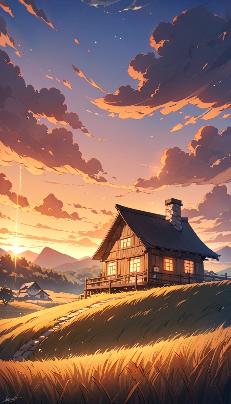 Peaceful rural landscape at dusk:
	• At dusk、Golden wheat fields undulating、Quiet hilly landscape, Cast a long shadow、Wrapped in warm light, Orange glow. small, The winding dirt road、Smoke slowly rises from the chimney、Leading to a cozy cottage. There are a few clouds floating in the sky, and、A gentle breeze sways the fields. Cinematic style、It captures the atmosphere of a serene countryside sunset..
