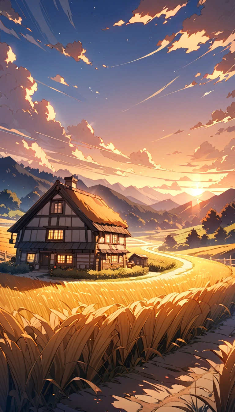 Peaceful rural landscape at dusk:
	• At dusk、Golden wheat fields undulating、Quiet hilly landscape, Cast a long shadow、Wrapped in warm light, Orange glow. small, The winding dirt road、Smoke slowly rises from the chimney、Leading to a cozy cottage. There are a few clouds floating in the sky, and、A gentle breeze sways the fields. Cinematic style、It captures the atmosphere of a serene countryside sunset..