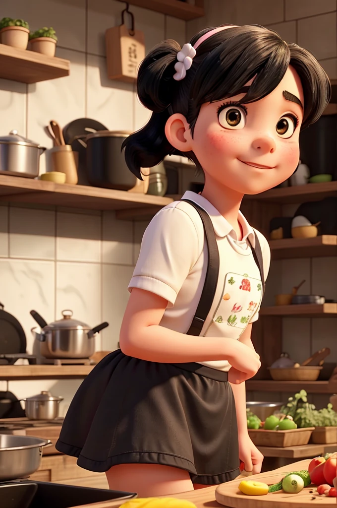 The girl with black pigtails loves helping Tae cook and take care of the vegetable garden.
