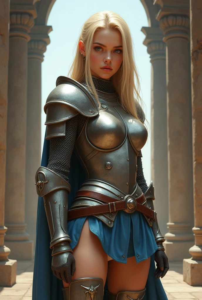 (Female Warrior: 1.5), (Blondeの戦士の少女: 1.3), 1 girl, alone, pretty girl, Young girl, (Blonde), (blue eyes), Lean, Small breasts, Pretty face, Narrow waist, Thin legs , The gap between the thighs, (knight armor), (Steel Breastplate, Gauntlet of Steel, Steel Gloves: 1.1), (Blue mini skirt: 1.3), (Skirt Lifted by itself: 1.1), (Skirt Lift: 1.3), (showing White panties: 1.3), White panties, Small panties, (Camel Toe: 1.2), front, (Cowboy Shot), Medieval Fantasy, Dungeons＆Dragons, RPG Characters, Highest quality, (masterpiece), Ultra-realistic, 8k