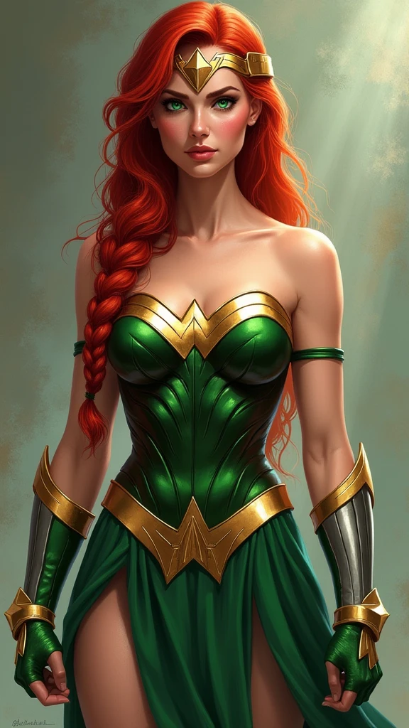 Beautiful woman with red hair pulled back in a braid three feet long, green eyes, Wonder Woman costume in green, green knee-high boots, Atlas gauntlet, Diadema Wonder Woman on her forehead