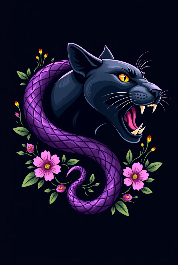 Logo for a profile of a black panther with a purple snake and flowers on a black background, that shows attack and personality