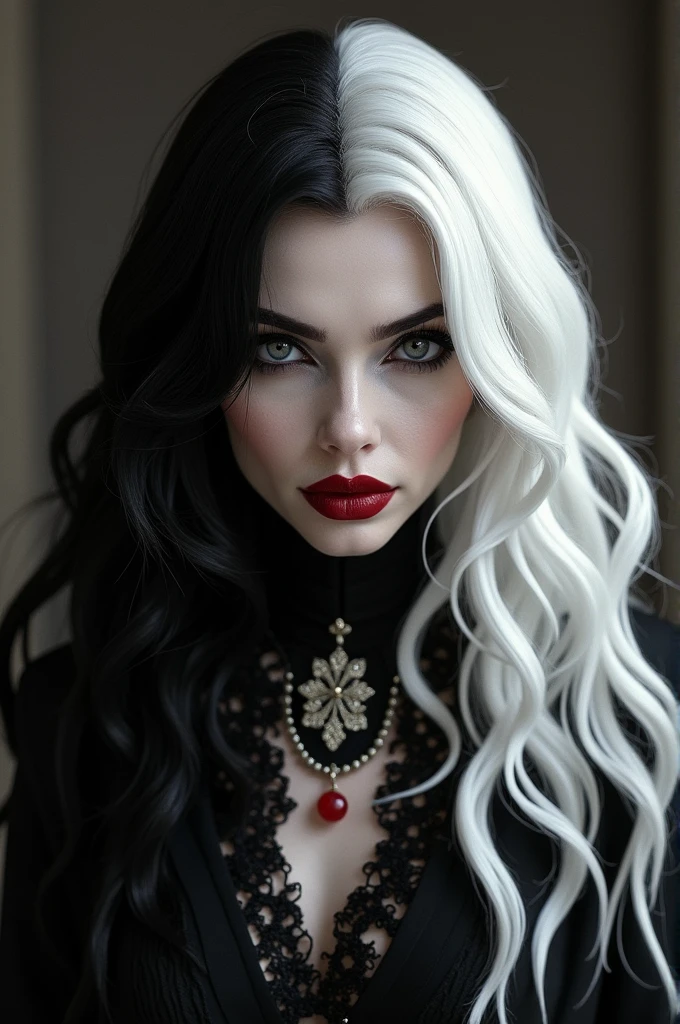 Cruella de Vil，Black and white witch Kuira，the villain from 101 Dalmatians，Hair half black and half white
