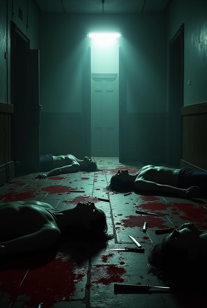 Make a scenario, a dark room with several bodies and bullets and knives and blood on the floor, In the middle of the room, an empty space