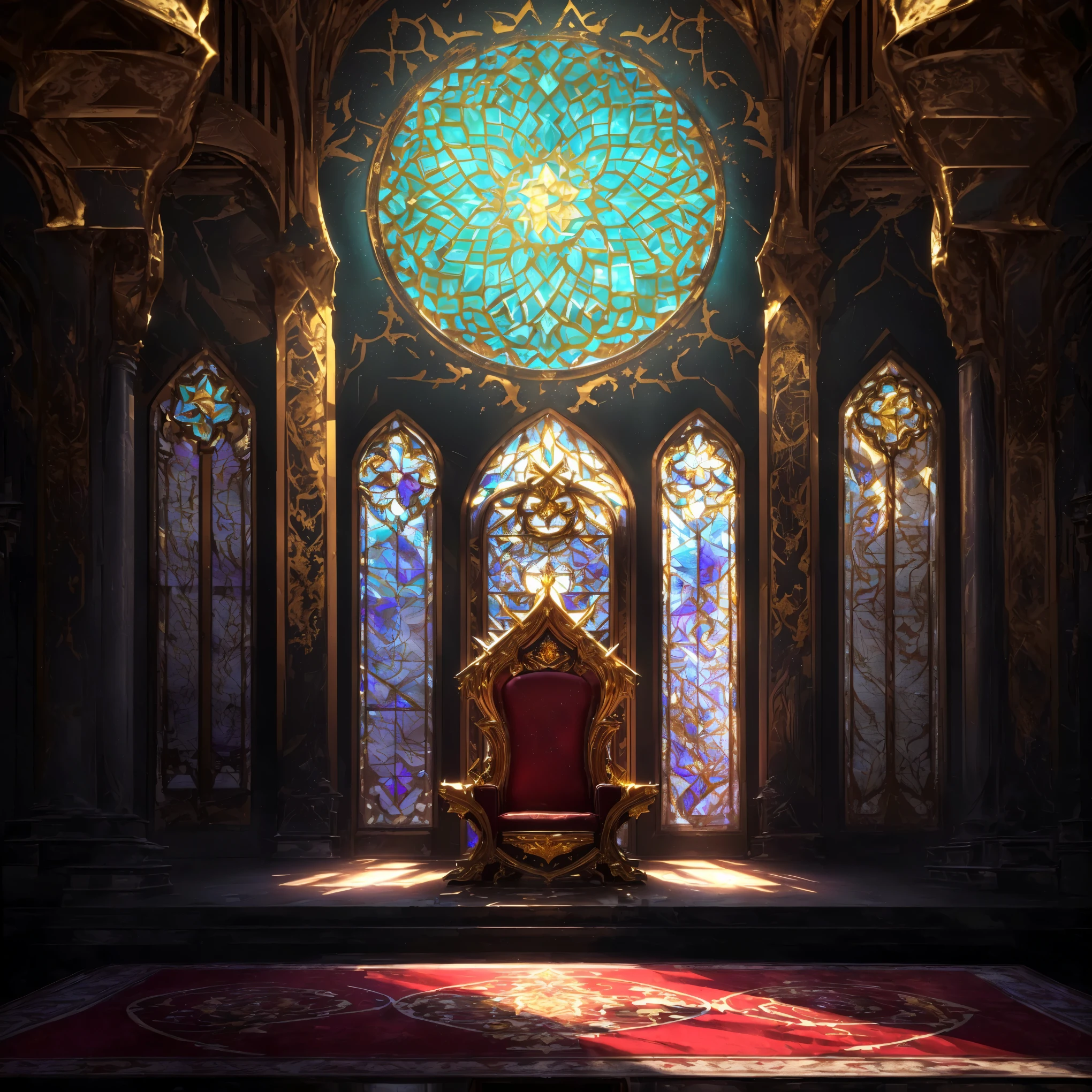 An abstract image of a stained glass window in a throne room, decadent The Golden Throne Room, exquisitely designed The Golden Throne Room, Interior Background Art, The Golden Throne Room, in a The Golden Throne Room, Fantasy world throne, rustic The Golden Throne Room, elegant cinematic fantasy art, Golden Throne, The castle has a complex interior structure, sitting in a gilded throne