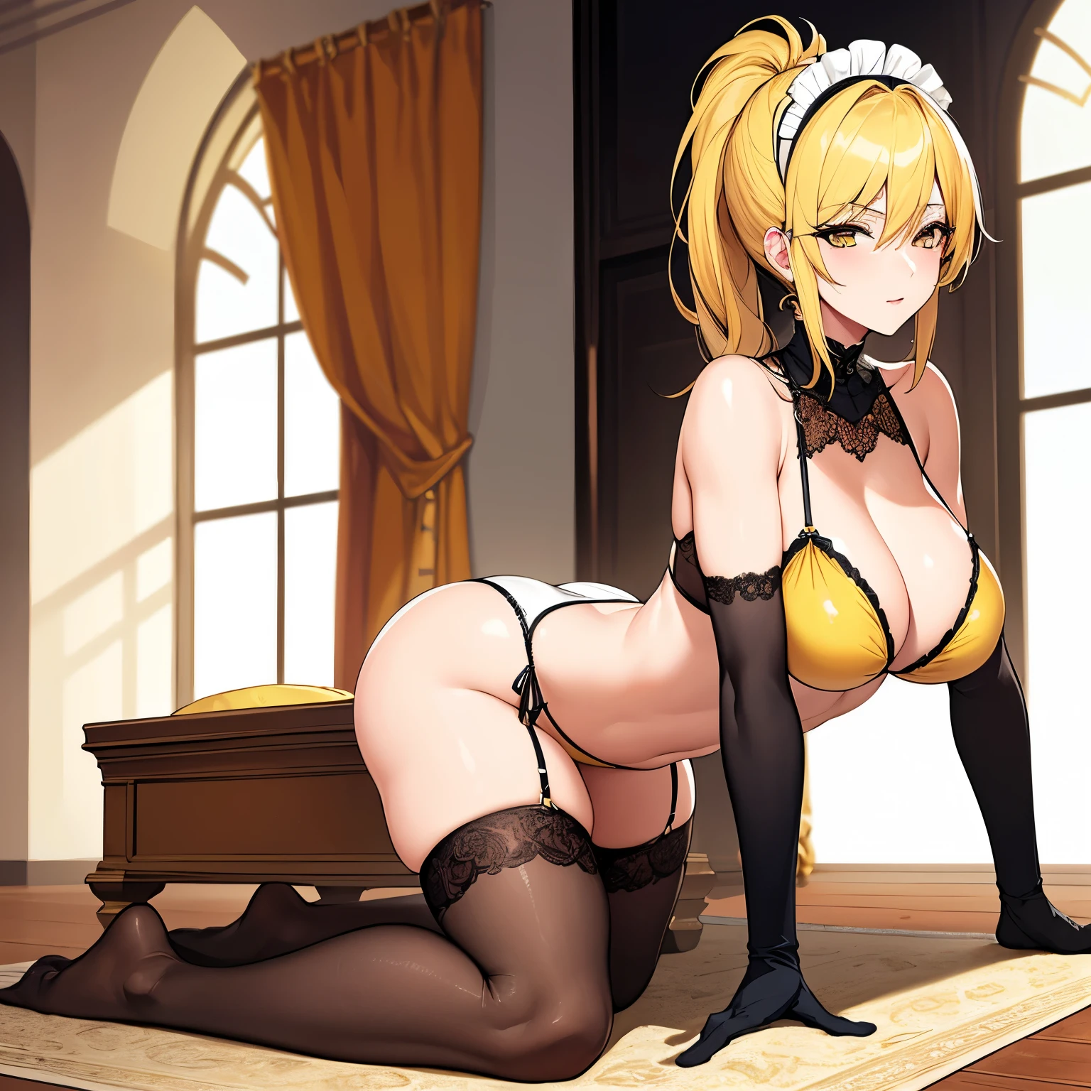 ((best quality)),((masterpiece)),((strikingly beautiful mature_female)),1girl, solo, high quality, masterpiece, skinny, mature, yellow bikini, yellow hair, ponytail, on all fours, maid headpiece, gloves, sitting, large breasts, indoors, seductive, large ass, stockings