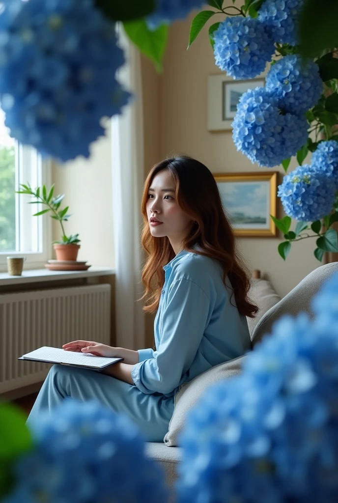 Stunning image with blue hydrangeas, photo in 8k, in action, cinematic.an inspirational photo to post on Instagram for motivation, a woman sitting studying in her living room , wearing blue clothes