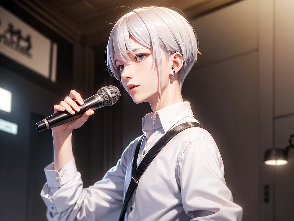 Silver Hair Short、Man with slanted eyes、microphone、White Shirt、headphone、Earrings