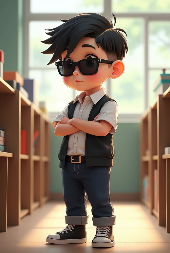 General image of a 5 year old boy dressed in dress pants, a sport shirt sunglasses a hairstyle to the side, short black hair, and shaved in a gradient, crossed hands, will answer with a slightly chubby body, looking to the side and being inside a school