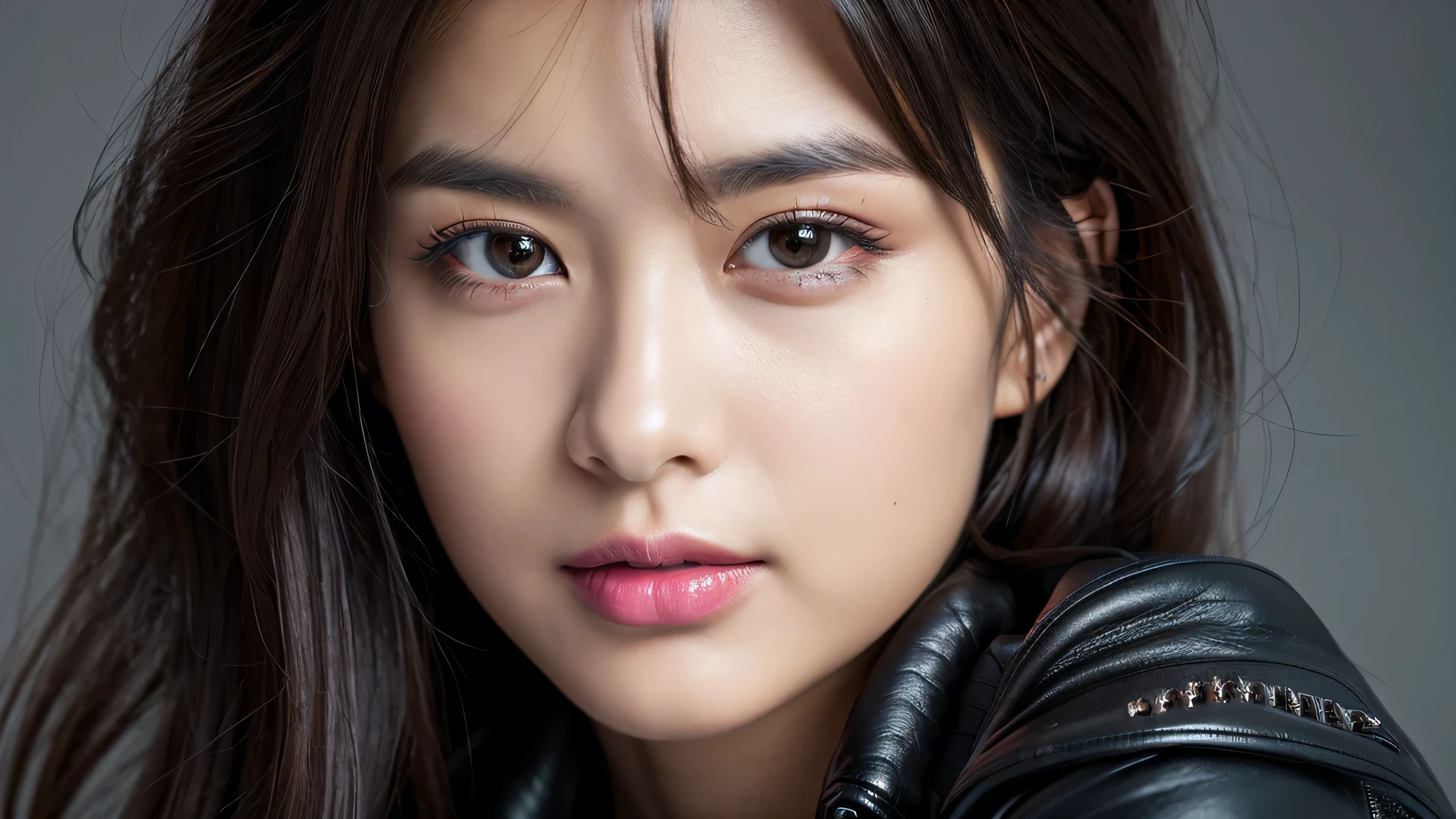 (Detailed face),(vivid),Leather jacket,4K,Ultra-high resolution,（Photorealistic：1.7）,Gray background,Black long hair,