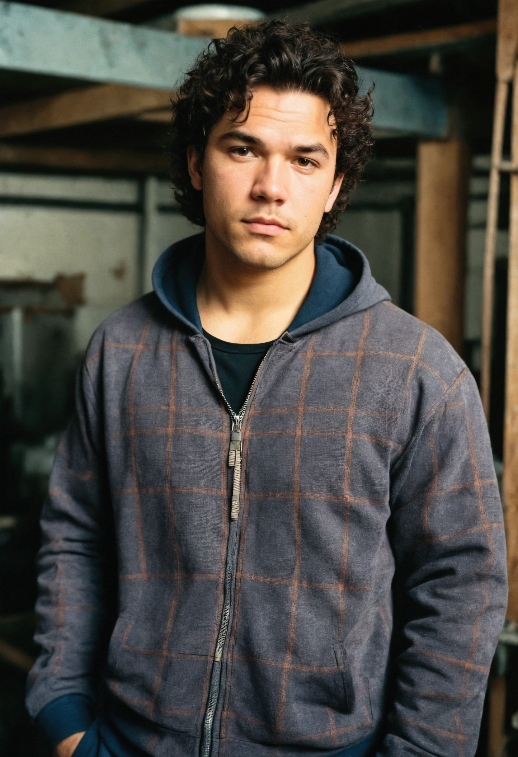 analog film photo, photo of a punk, 25 years old, male, brown eyes, short dark curls, tan complexion, soft facial features, medium height, broad shoulders, stocky physique, slightly chubby, lots of body hair, wearing a slim plaid tracksuit, posing in an industrial loft, resembles Dean Cain, RAW Photograph, dslr, soft lighting, high quality, film grain, Fujifilm XT3, detailed skin with visible pores, insane details, masterpiece, 8k, 35mm photograph, dslr, kodachrome, faded film, desaturated, grainy, vintage, Lomography, stained, highly detailed, found footage, full-body shot