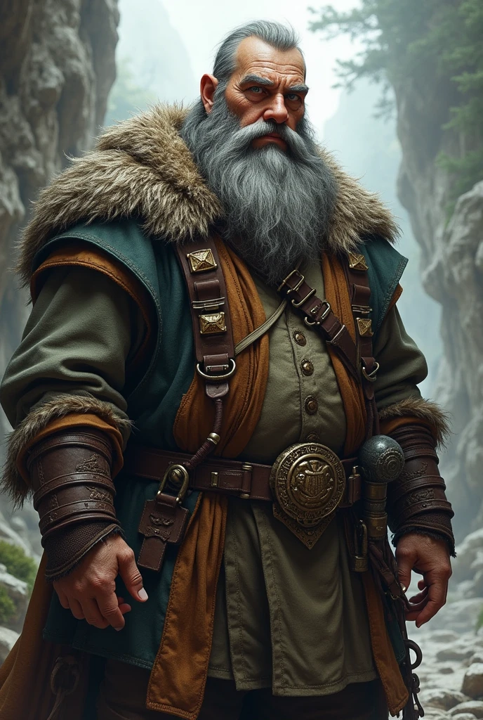 RPG dwarf with short gray hair, A young face, approximately 40 years old, with few wrinkles and a large, curved nose.