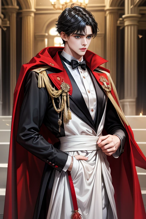 masterpiece, 最high quality, high quality, 1 boy, alone, Male focus, Watching the audience, Messy black hair, Adorable big blue eyes, White, Noble, Noble,A black and red cape that is bursting with sexy volume、Tuxedo、A very voluminous, large, very large, very large, long, long red and black cape with a high stand-up collar, made of a lot of fabric that reaches down to the floor., ,Cute beautiful boys,Cute, cute, kind, handsome guy