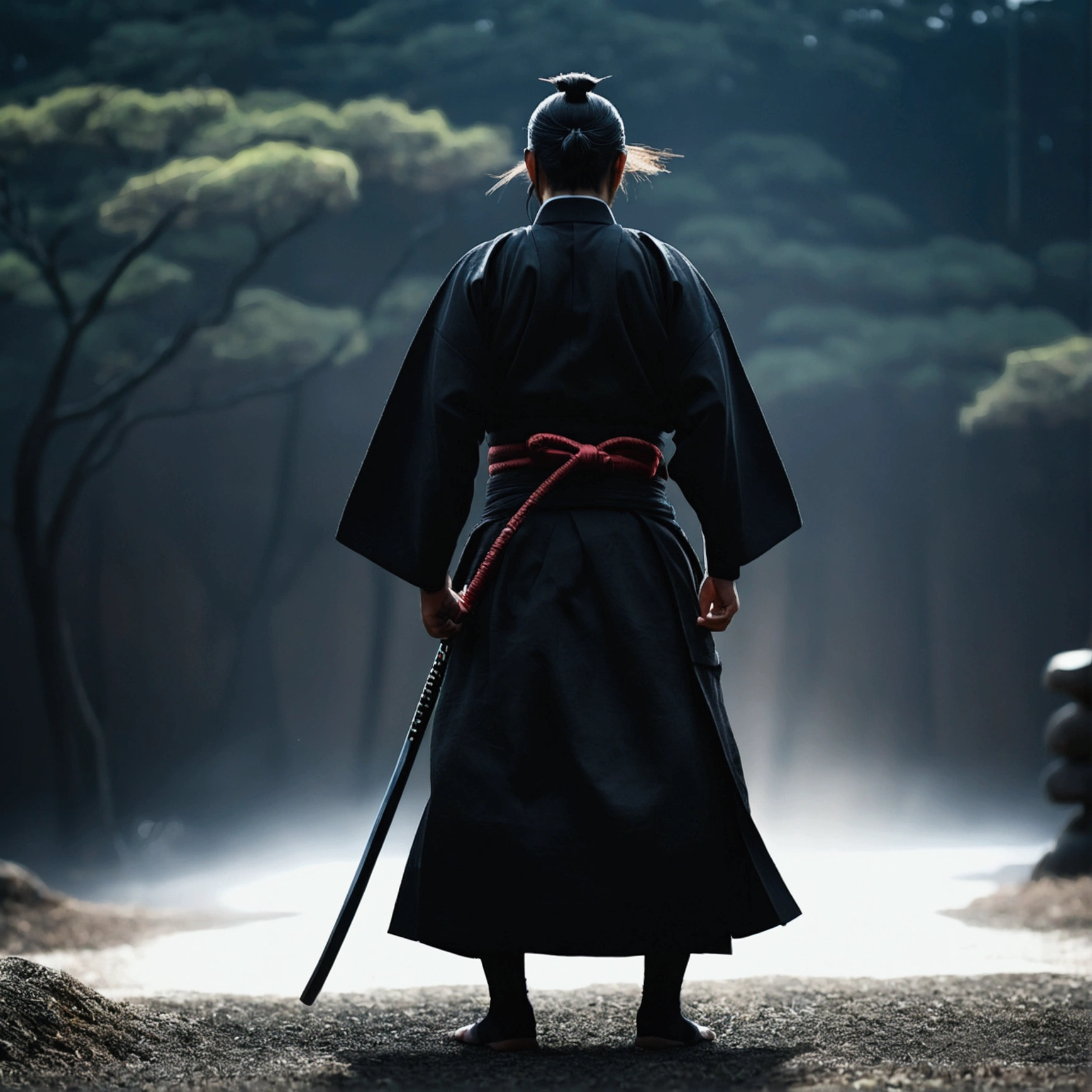 samurai, wearing a black hakama, Blur the background, 8k, Japanese atmosphere, warrior, dark, silhouette, cold,