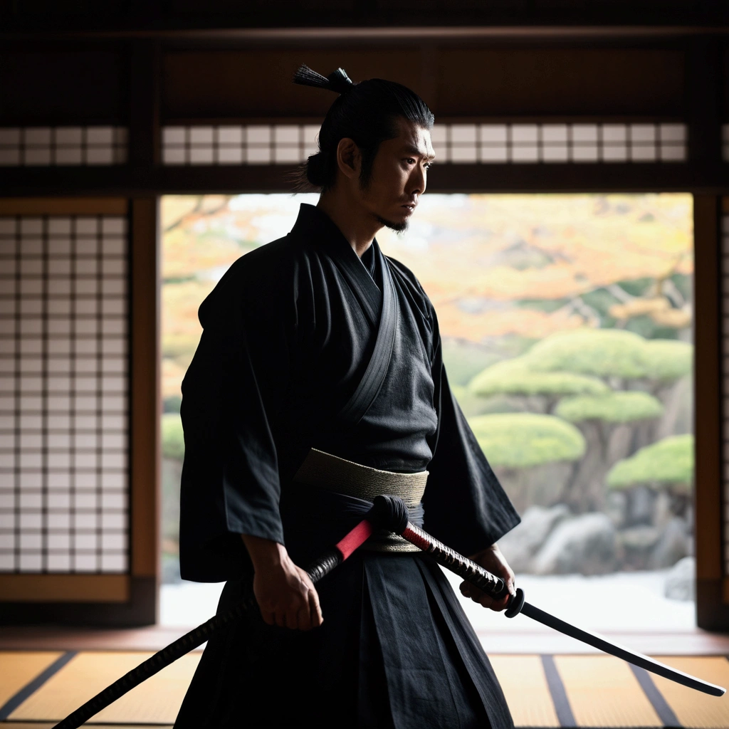 samurai, wearing a black hakama, Blur the background, 8k, Japanese atmosphere, warrior, dark, silhouette, cold,