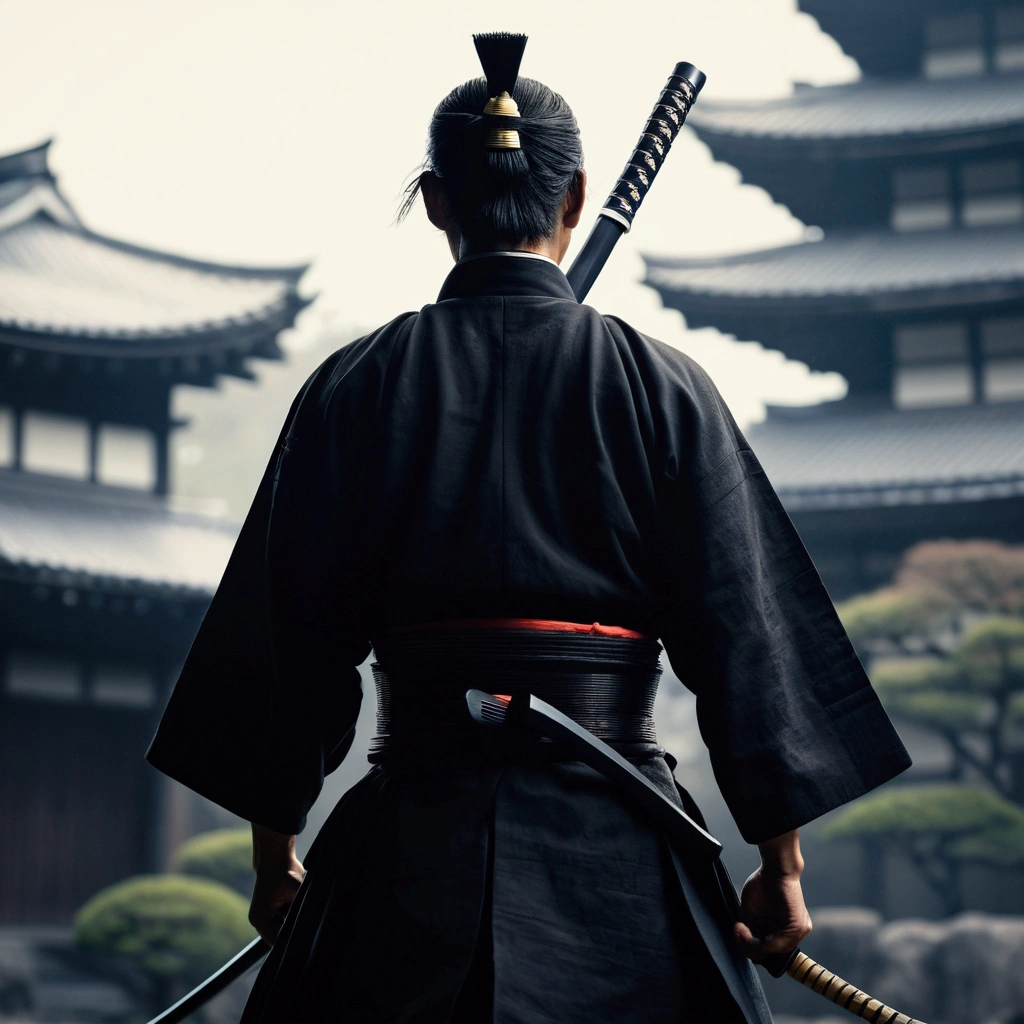 samurai, wearing a black hakama, Blur the background, 8k, Japanese atmosphere, warrior, dark, silhouette, cold,