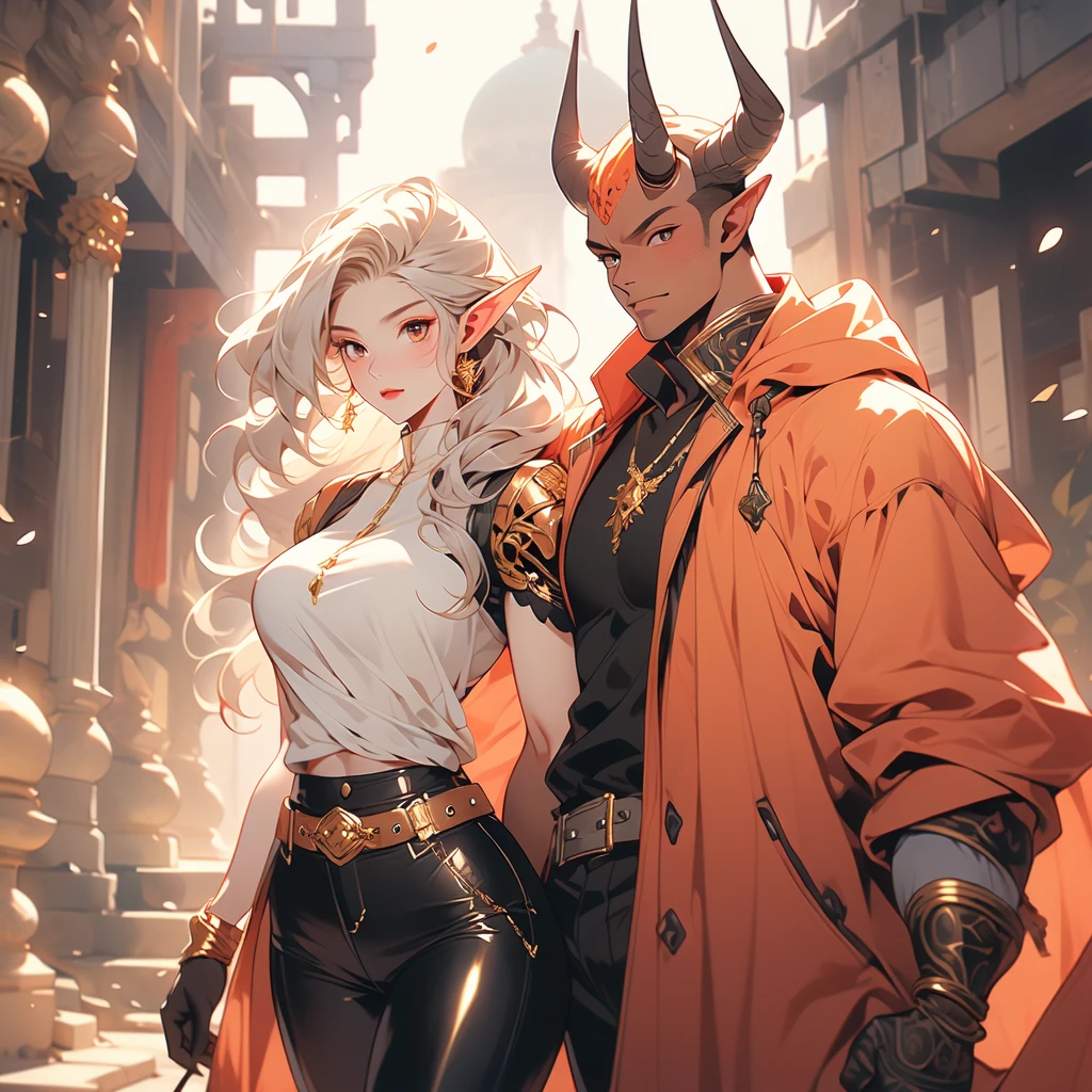 ((best quality)), ((masterpiece)), (detailed), 1 women dark knight armor, 8k_wallpaper, extremely detailed eyes, (large masterpiece digital art), (intricate details:1.3 ), (ultra-detailed:1.3), (sharp focus:1.3), (natural lighting:1.05), (vivid colors:1.3), (best quality:1.4), expressive eyes, full body, detailed face, beautiful face, perfect face, ((hair sandy white curls)), ((gold horns)), (gold eyes), {{dark skin}}, ({dark skinned female}), big breasts, huge chest, mid-range pelvis and big ass, an arrogant cruel look and a predatory smile with a large number of fangs, an open red coat with rolled up sleeves, an open coat with rolled up sleeves, steel heavy knight armor, a wide orange belt lowered lower with large gold yarn, leather pants with steel thigh guards, leather gloves, steel gold bracers and shoulder pads, dark silver chain mail oversleeves, a medieval marching backpack, walking along the path against the backdrop of the elven ruins of the city and colorful blooming flowers,