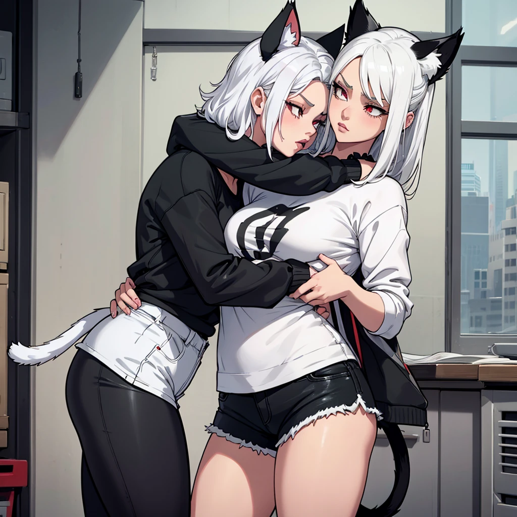 A sexy white girl, with white hair and red eyes, wearing a black and white striped shirt with shorts and tights, the clothes are very tight on her body, your bulky body, she with cat ears and tail,
She is hugging a girl, white with green eyes and black hair, wearing a black sweatshirt and short denim shorts