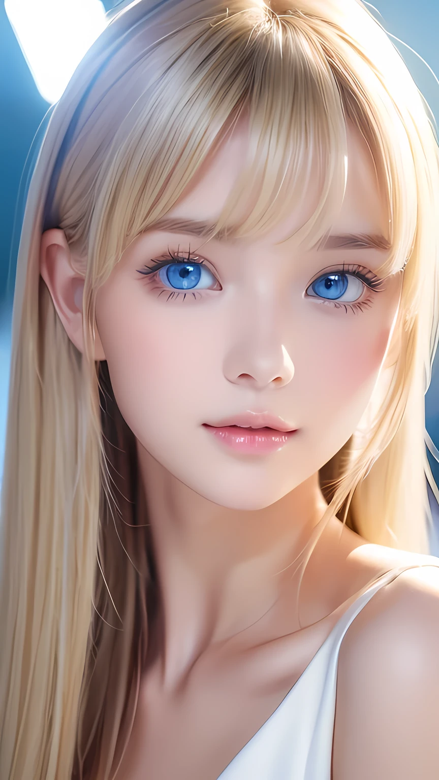 Incredibly bright, white, glossy, beautiful skin、Blonde hair color that changes with reflected light、Bangs between the eyes blocking the view、Glossy highlight on cheeks、sexy, very beautiful, lovely, cute, gorgeous face、The most beautiful face in the world、A beautiful girl、Super long blonde hair、smooth, straight hair、Big Breasts, Sparkling bright sky blue eyes、Beautiful bangs、Her beautiful, cute