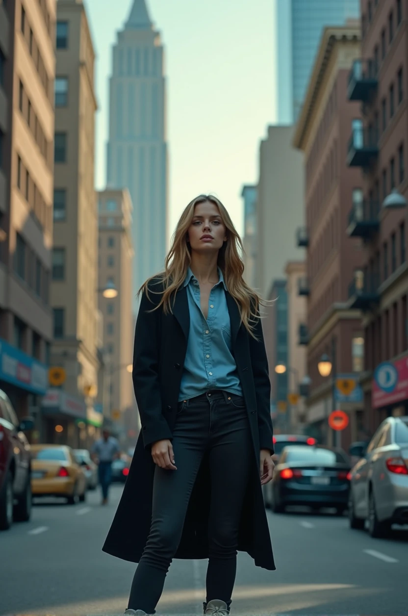 young woman, high, caucasian, long, wavy dark blonde hair, Skinny body, wearing a sky blue shirt, with black trench coat, black jeans and white boot sneakers, in the midst of an altercation, in the city, high calidad