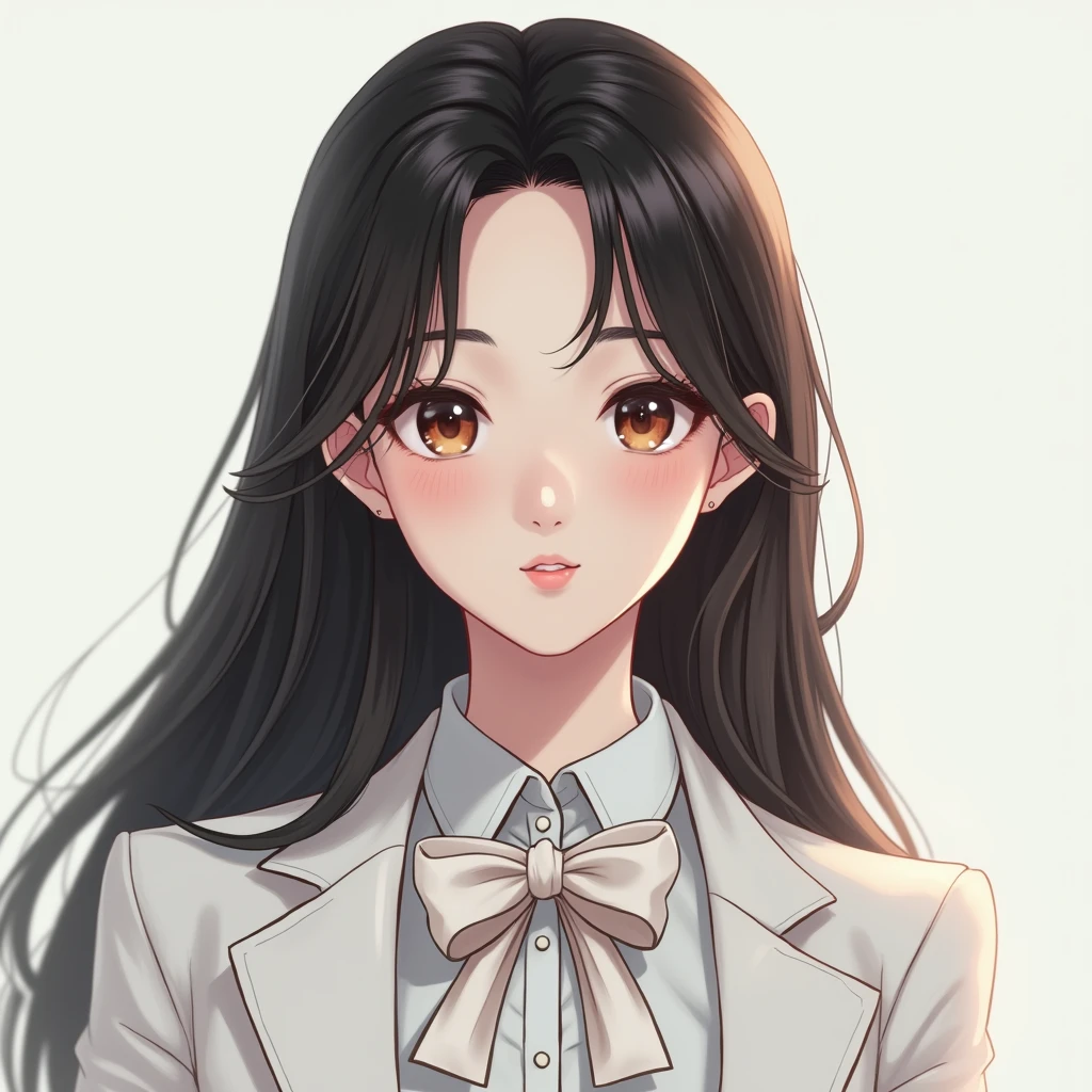 there is a woman with long hair wearing a white jacket and a bow tie, korean girl, realistic young anime girl, chinese girl, anime girl in real life, anime girl with long hair, white hime cut hairstyle, cute natural anime face, realistic anime 3 d style, beautiful anime girl, with cute - fine - face, beautiful anime portrait, beautiful south korean woman
