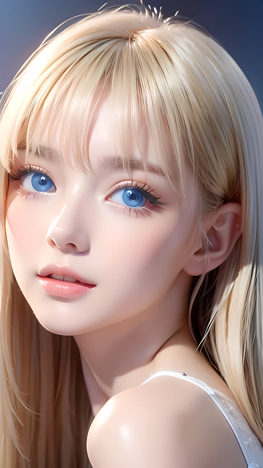 Incredibly bright, white, glossy, beautiful skin、Blonde hair color that changes with reflected light、Bangs between the eyes blocking the view、Glossy highlight on cheeks、sexy, very beautiful, lovely, cute, gorgeous face、The most beautiful face in the world、A beautiful girl、Super long blonde hair、smooth, straight hair、Big Breasts, Sparkling bright sky blue eyes、Beautiful bangs、Her beautiful, cute