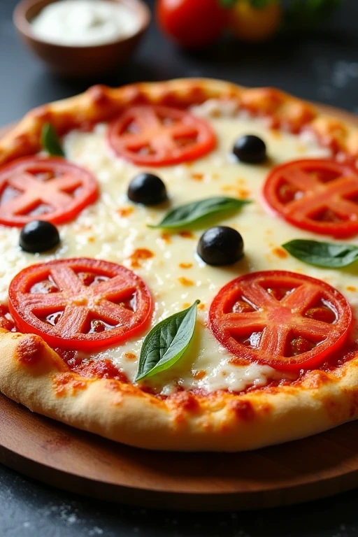 Mozzarella pizza with lots of melted cheese, 5 tomato slices and olives between each tomato slice, catupiry cheese edges. The pizza is on a round board on a countertop.