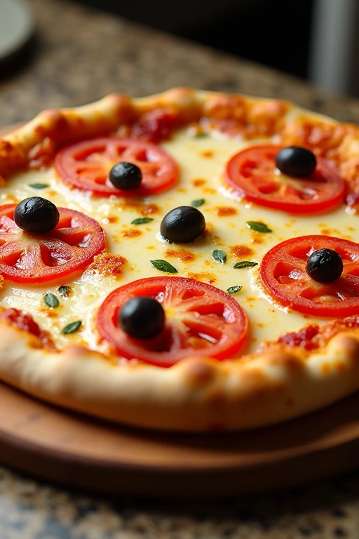 Mozzarella pizza with lots of melted cheese, 5 tomato slices and olives between each tomato slice, catupiry cheese edges. The pizza is on a round board on a countertop.