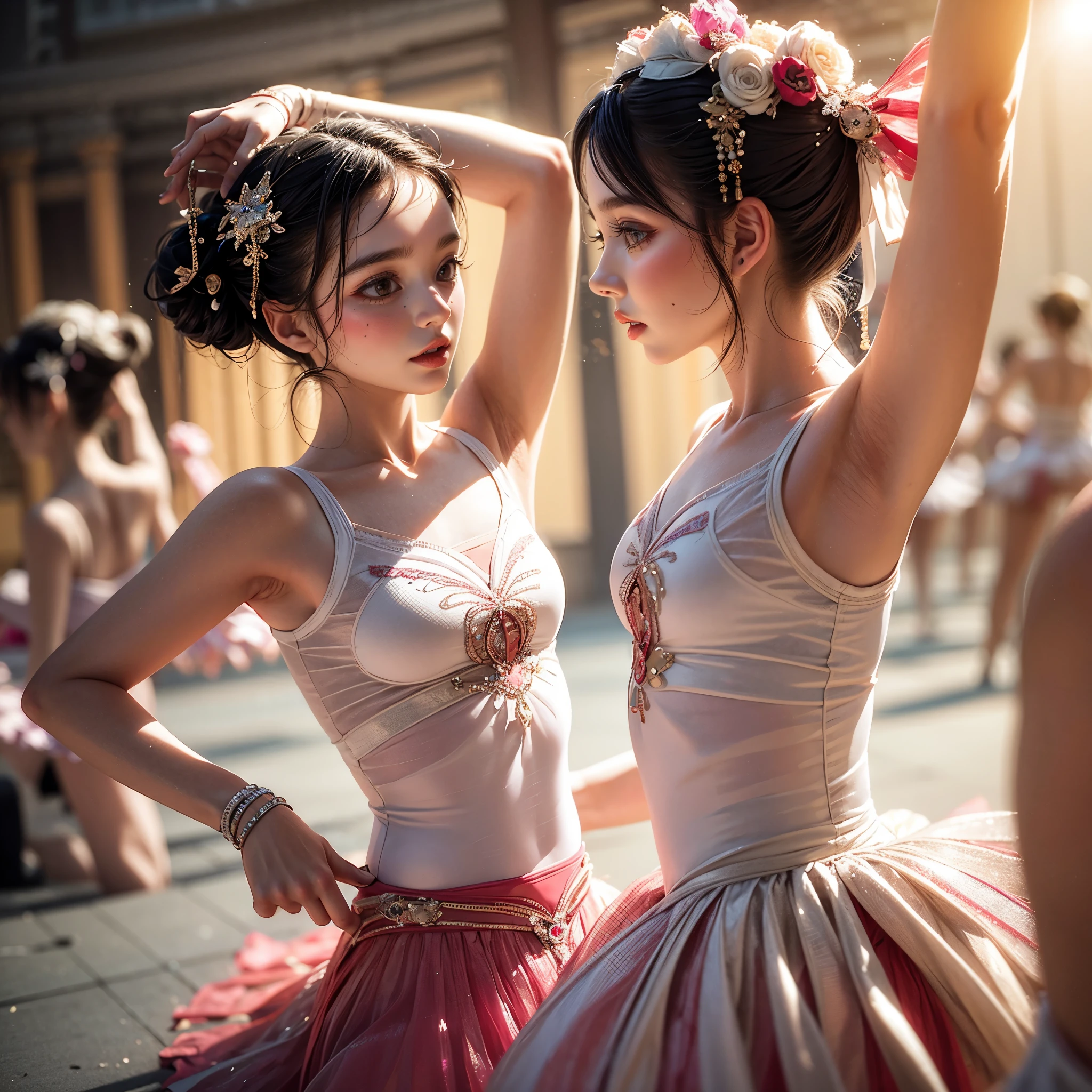 SFW, ExtremelyDetailed (((Kawaii Ballet Girls Group in a row:1.37))), Childish perfect face, Reflective Eyes, Detailed(Delicate Clothing textures), Dynamic Joyful Expressions LifeLike Rendering, (Specular Reflection:0.2), TopQuality 8K Ultra-detailed masterpiece (ProfessionalPhoto:1.37), (Acutance:0.8), (Luminism:1.28), (Light particles:0.75), (Muscle:-0.5), facing away (from side ) (Clearly visible Beautiful hip shape)