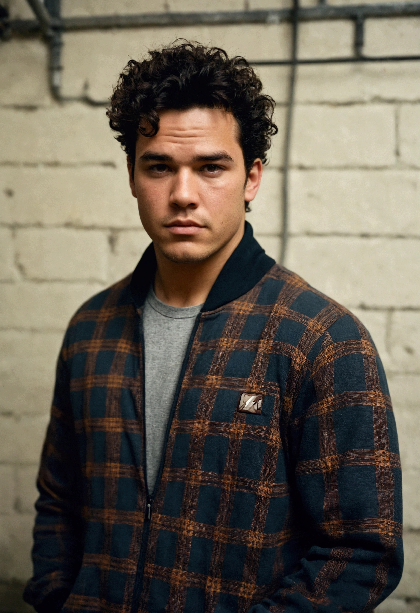 analog film photo, photo of a punk, 25 years old, male, brown eyes, short dark curls, tan complexion, soft facial features, medium height, broad shoulders, stocky physique, slightly chubby, lots of body hair, wearing a tight plaid tracksuit, posing in an industrial loft, resembles Dean Cain, RAW Photograph, dslr, soft lighting, high quality, film grain, Fujifilm XT3, detailed skin with visible pores, insane details, masterpiece, 8k, 35mm photograph, dslr, kodachrome, faded film, desaturated, grainy, vintage, Lomography, stained, highly detailed, found footage, full-body shot