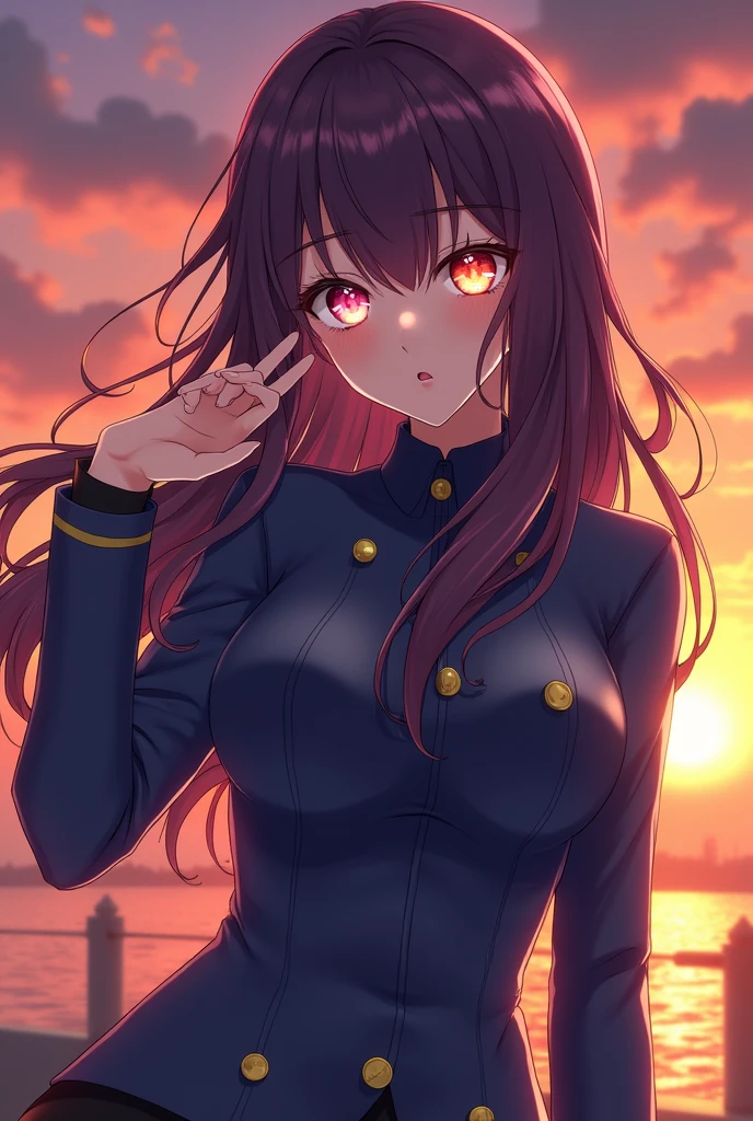 Create an Oshi no Ko character , with dark purple hair, long wavy waist length, ojos de color atardecer atardecer una combinación haci🌆🌇Los ojos de  tienen un tono rosado vibrante, with a golden hue in the center that blends elegantly with the rest of the iris. The pupils appear slightly elongated., which gives it a more exotic and unique look. besides, The eyes are framed by long, delicate eyelashes., that accentuate the seductive and mysterious expression of the character. The combination of these elements makes your look deeply expressive and striking.. And put a star on one of his eyes, wearing a blue uniform , medium breasts, She is wearing long black stockings and has a sunset in the background. 
,in the style of the Oshi no Ko anime