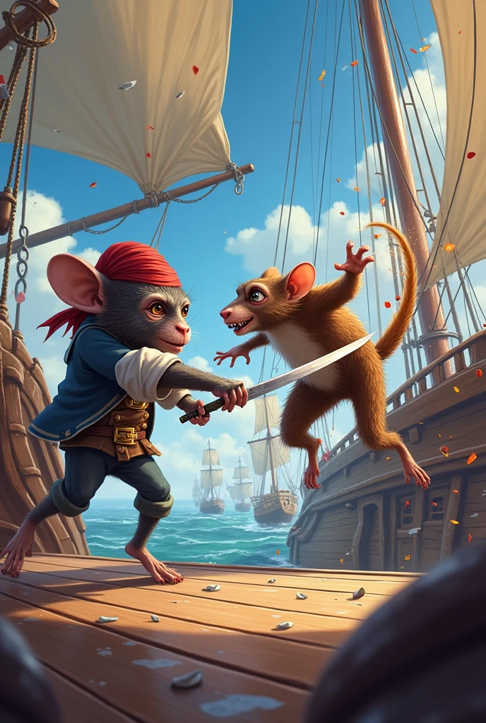 A monkey and a rat battling with swords and powers in a pirate movie