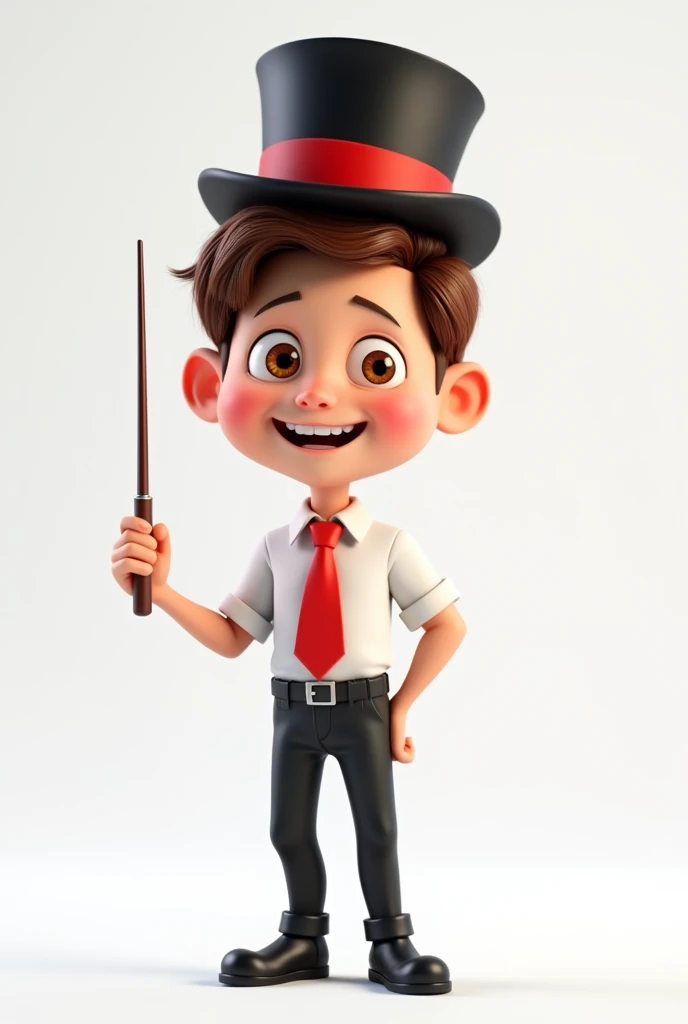 A happy and cute person with short brown hair, wearing a magician's outfit consisting of a white shirt, a red tie, a pair of black pants, shoes black, a black top hat with a red band on his head and a magic wand in his hand, white background, Pixar-style, 3d, Cartoon s, face detailed, asymmetric