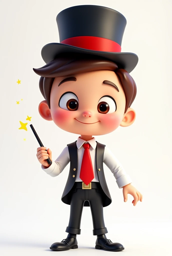 A happy and cute person with short brown hair, wearing a magician's outfit consisting of a white shirt, a red tie, a pair of black pants, shoes black, a black top hat with a red band on his head and a magic wand in his hand, white background, Pixar-style, 3d, Cartoon s, face detailed, asymmetric