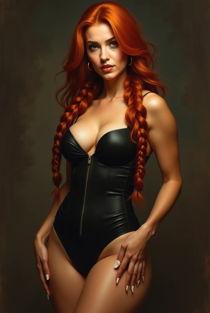 (masterpiece:1.1), (top quality:1.1), Whole body, short hair, good anatomy, lock of hair, (1 girl:1.2), (detailed face and eyes:1.25),big round ass,huge breasts,fat hip,fitness body,tiny bra,bare shoulders,bare legs,thick legs, long scarlet hair, Two thick braids,Brown eyes, facilitates ,( skintight suit), big breasts,split:1.2), blush, I'm looking at the viewer, mature woman, sidelocks, tatibana kyoka,, sitting, Elysiumchar, Oil painting,