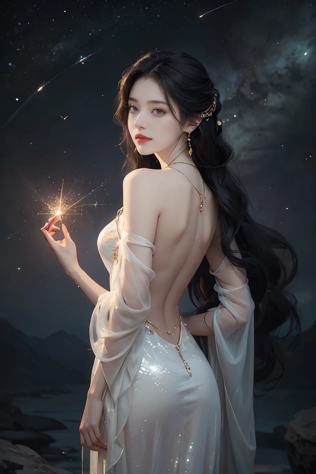 (((best quality))),(((ultra detailed))),(((masterpiece))),illustration,((A beautiful female astrologer,solo)),((slim,thin)),((bare back,towering hips,butt crack)),((shoulder length straight hair)),(laughing:1.2),(earrings,necklace),(sparkled sheer dress:1.3),standing beneath a magical summer night, stars twinkling in the velvety darkness,starry sky, sapphire eyes filled with wonder, flowing ethereal gown mimicking the stars, silver pendant shaped like a horoscope,serene smile and captivating gaze, celestial beauty and mystery, solace and inspiration in the vast expanse of the universe,((from back,upper body))